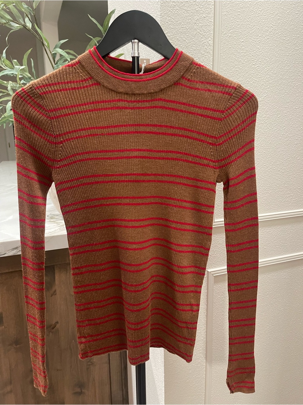 Madewell NWT Crewneck Merino-Silk BlendSweater Brown with Red Stripes XXS NY441